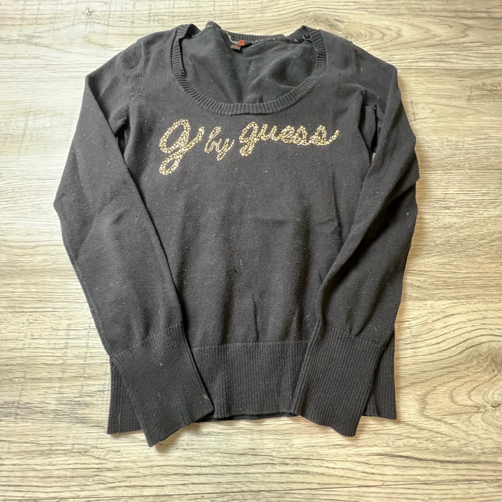 G by Guess Sweater Womens Medium Black Rhinestone Logo Scoop Neck Long Sleeve